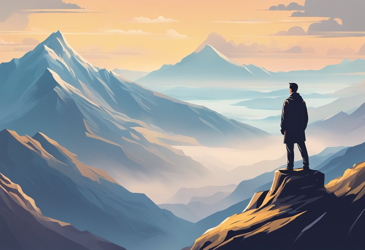 A figure stands atop a mountain, gazing out at a vast landscape. Their posture exudes confidence and determination, symbolizing a powerful leadership mindset