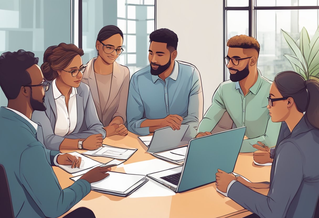 A diverse group of people engage in open communication and collaboration, demonstrating trust and connection in a professional setting