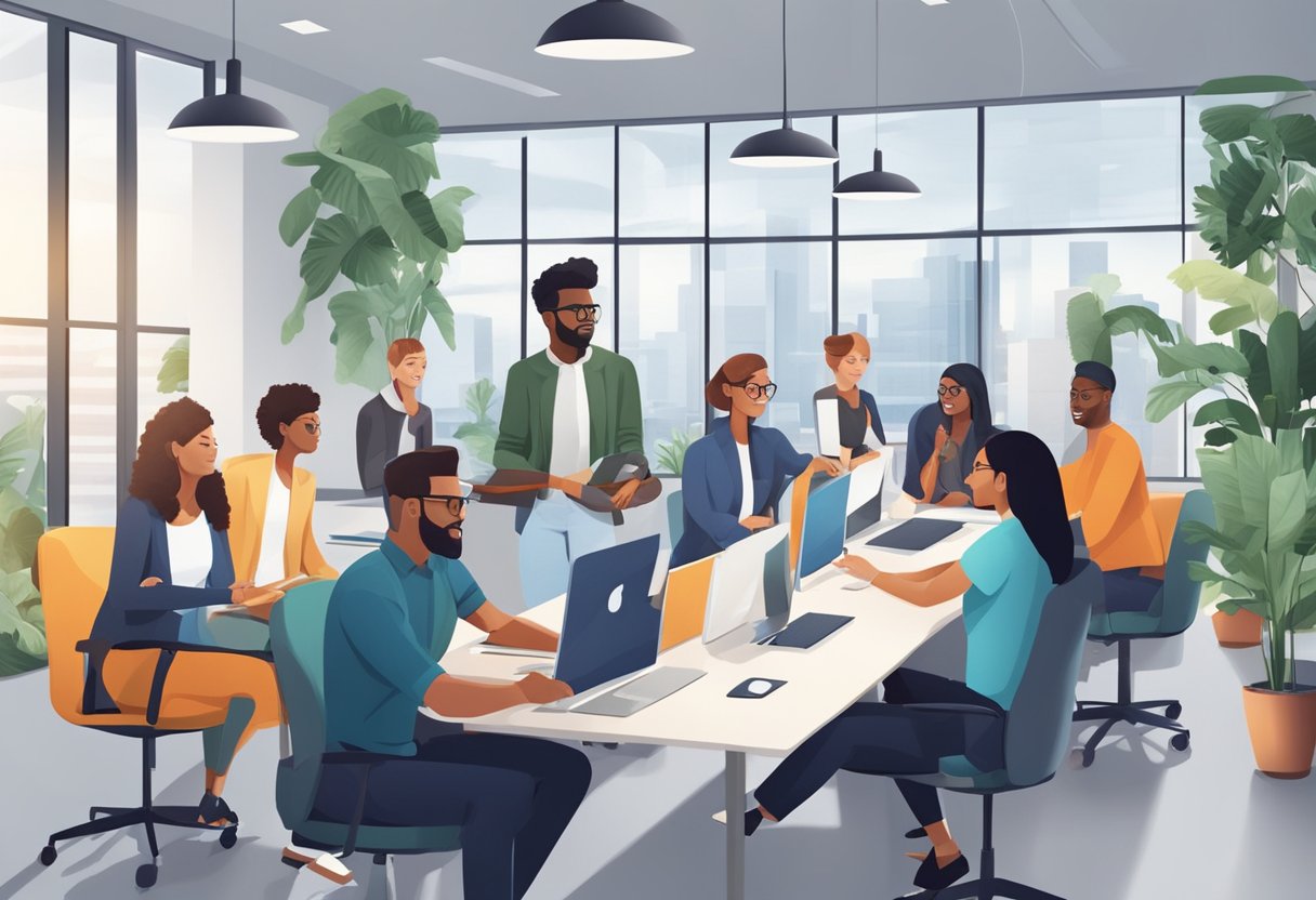 A group of diverse employees collaborate in a modern office space, displaying teamwork and innovation. The atmosphere exudes positivity and motivation for business growth