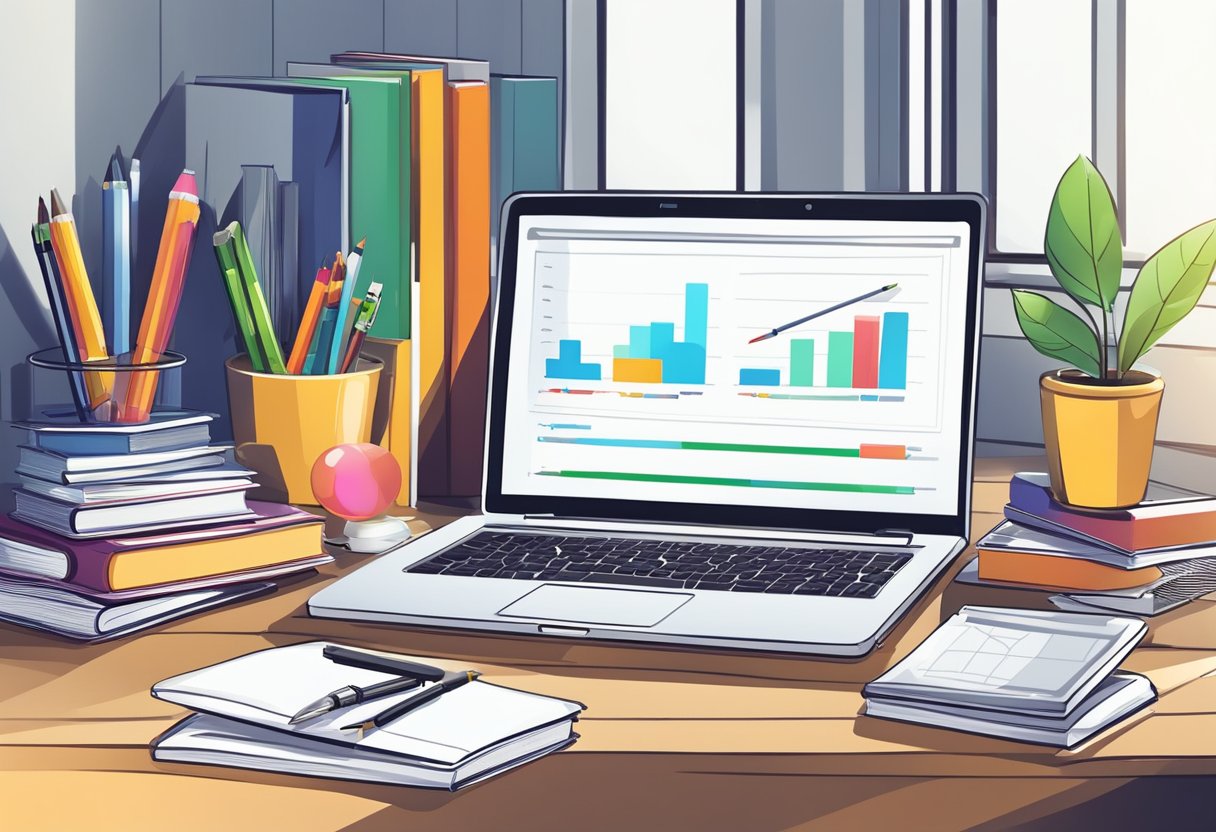 A desk with a laptop, notebook, and pen. A chart showing growth. Books on leadership and business. A trophy for success