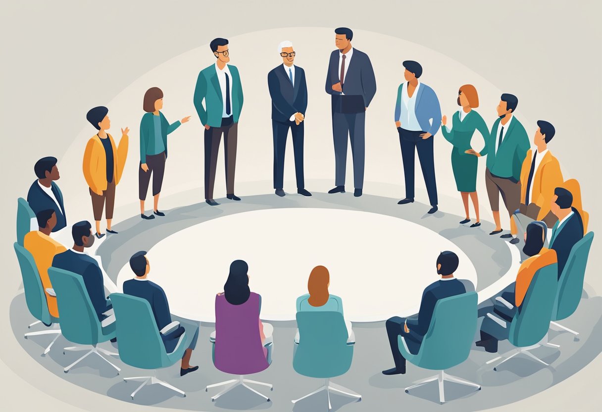A group of figures stand in a circle, exchanging ideas and strategies. One figure stands out, confidently leading the discussion with a commanding presence. The others listen attentively, showing respect for the leader's expertise