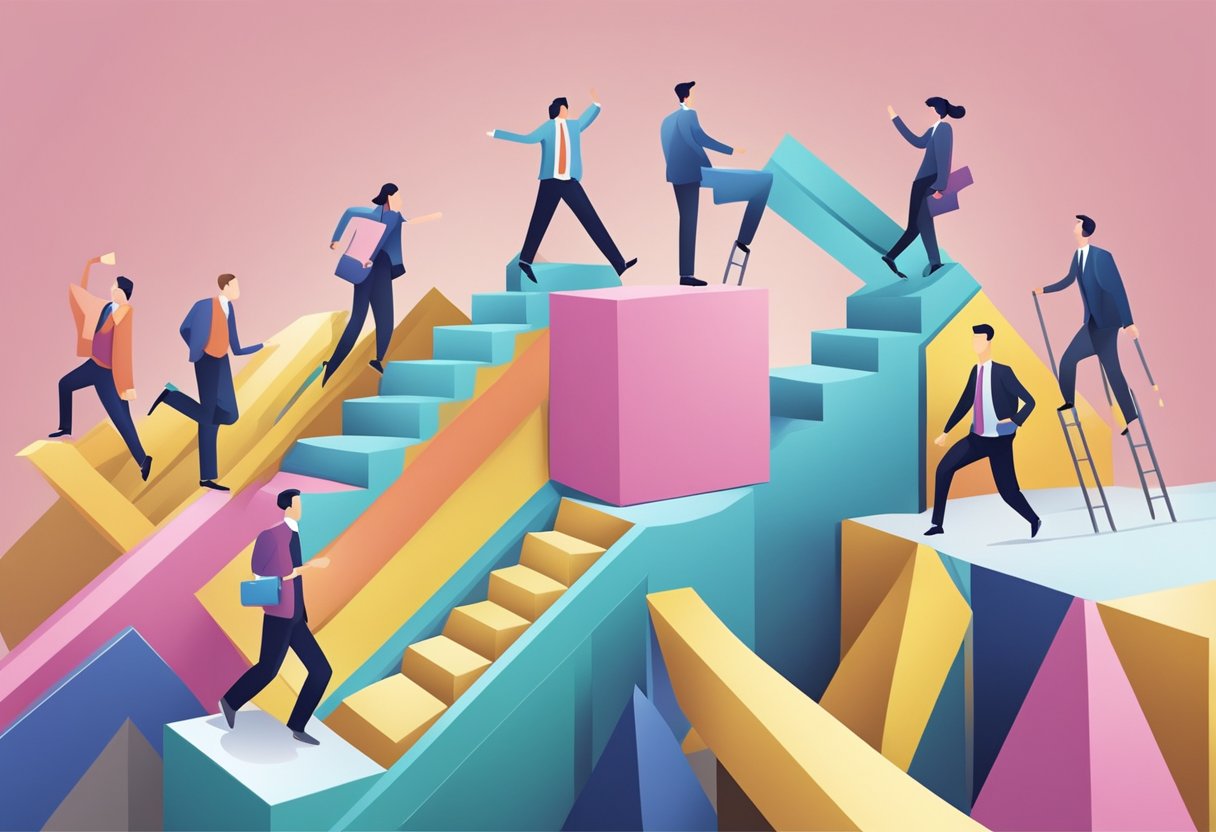 A group of obstacles are being conquered, symbolizing successful business growth through leadership skills