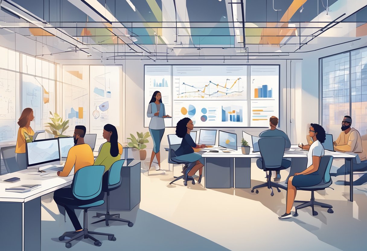 A group of diverse individuals collaborate, brainstorm, and strategize in a modern, open-concept office space, surrounded by charts, graphs, and motivational quotes