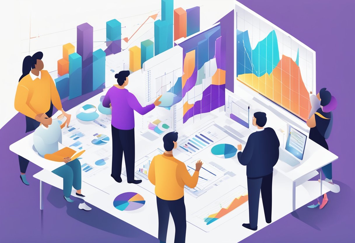 A group of diverse individuals collaborating and brainstorming, with charts and graphs displayed, symbolizing successful business growth