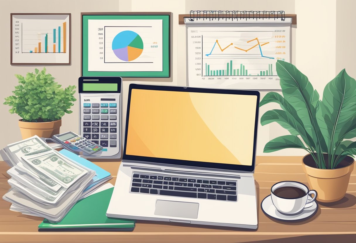 A desk with a laptop, calculator, and financial documents. A chart showing revenue and expenses. A plant and motivational quotes on the wall