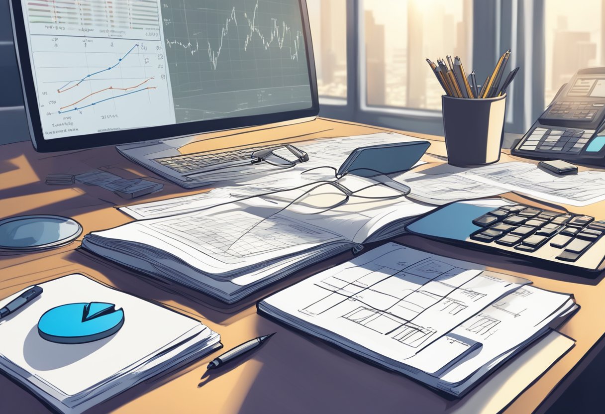 A desk cluttered with financial documents, a laptop, and a calculator. A person scribbling notes and making calculations. A whiteboard with financial projections and graphs in the background