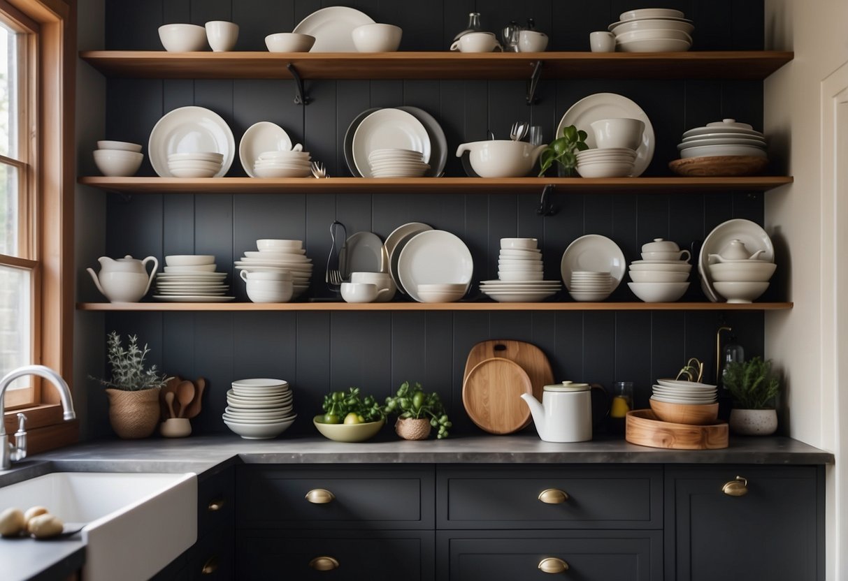 A modern kitchen with sleek open shelving, displaying neatly arranged dishes, cookware, and decorative items. The shelves are illuminated by natural light, creating a bright and inviting atmosphere