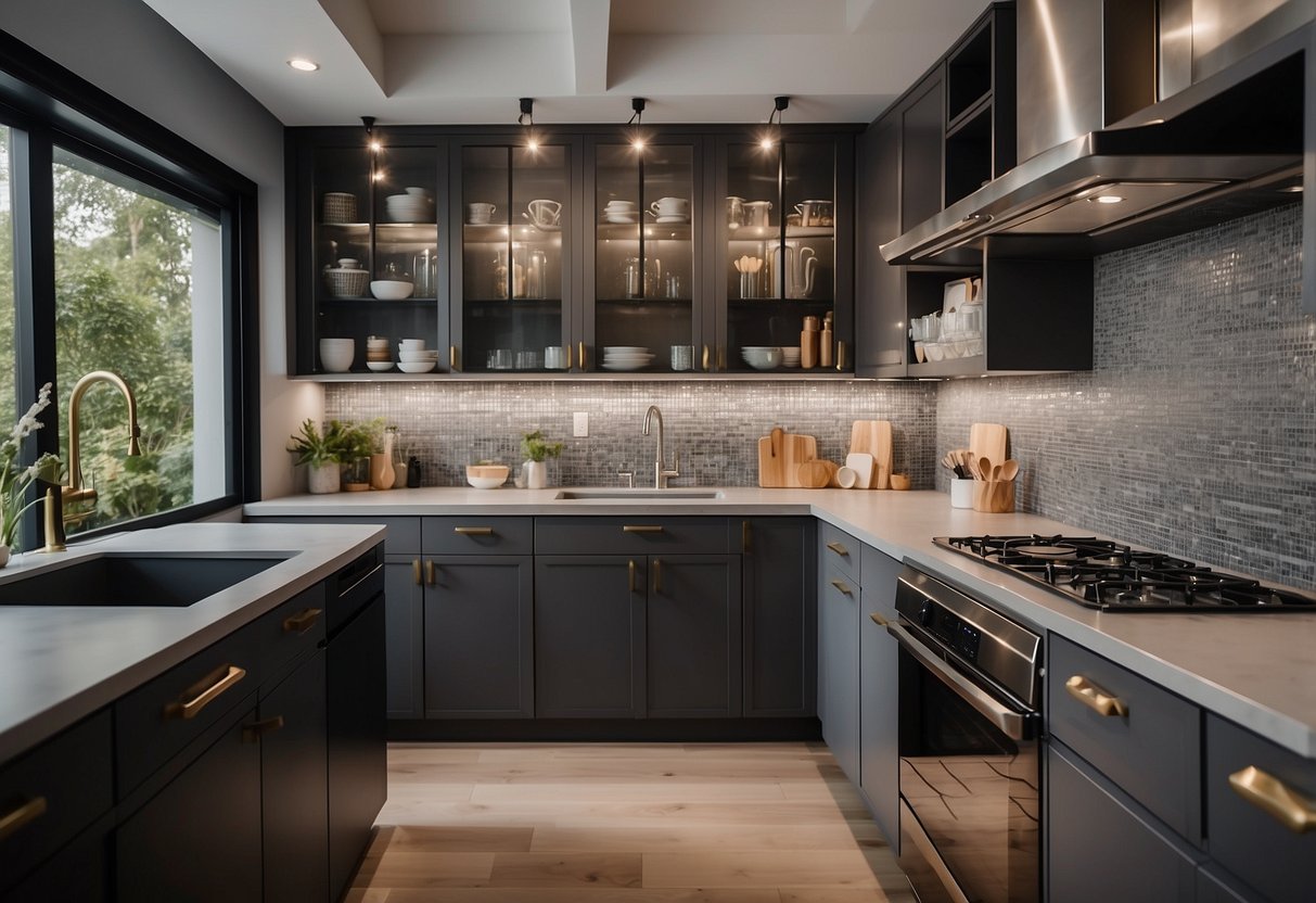 A modern kitchen with sleek under-cabinet shelving showcasing 19 open shelves filled with various kitchen items and decor