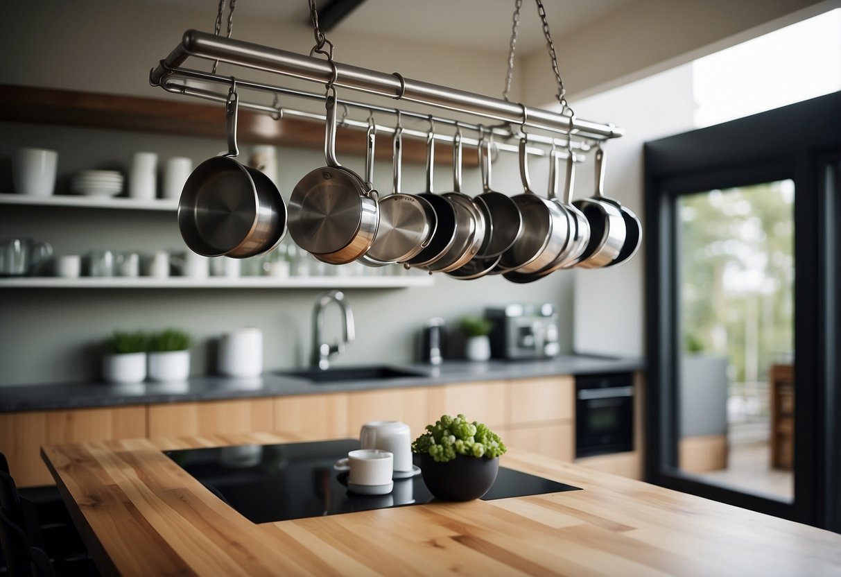 Hanging pot racks above open shelving in a modern kitchen