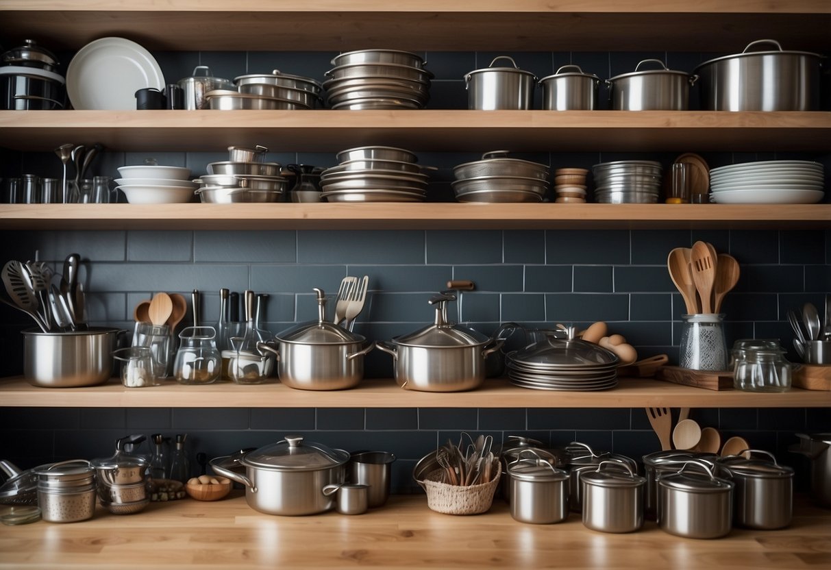 A set of tiered kitchen racks filled with various cooking utensils and containers, arranged against a backdrop of open shelving displaying neatly organized kitchen items