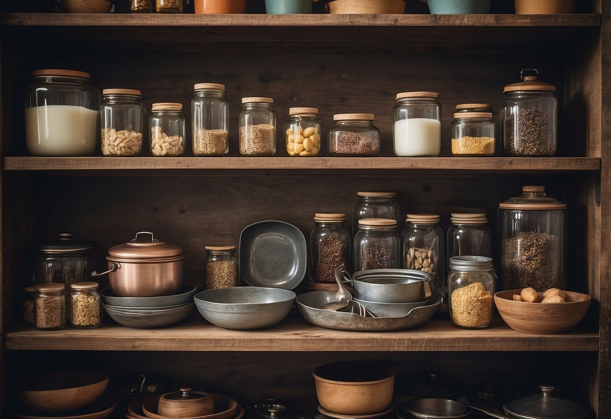 Vintage shelving units with distressed wood and metal accents, displaying a variety of kitchen items such as jars, cookware, and vintage dishes