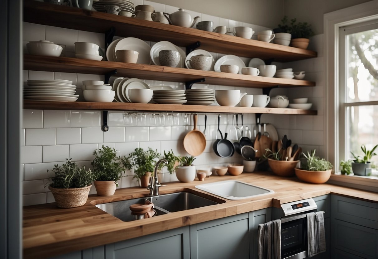 A modern kitchen with open shelving displaying neatly organized dishes, glassware, and cookware. Natural light streams in through the window, illuminating the clean and airy space