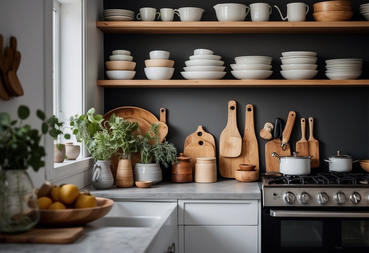 A kitchen with open shelves displaying neatly arranged cookware, glassware, and decorative items. Bright natural light illuminates the space, highlighting the organized and stylish arrangement