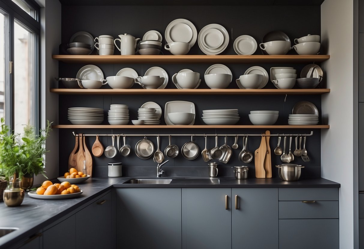 A kitchen with open shelves displaying neatly arranged cookware and dishes. The shelves are well-maintained and organized, creating a clean and airy atmosphere