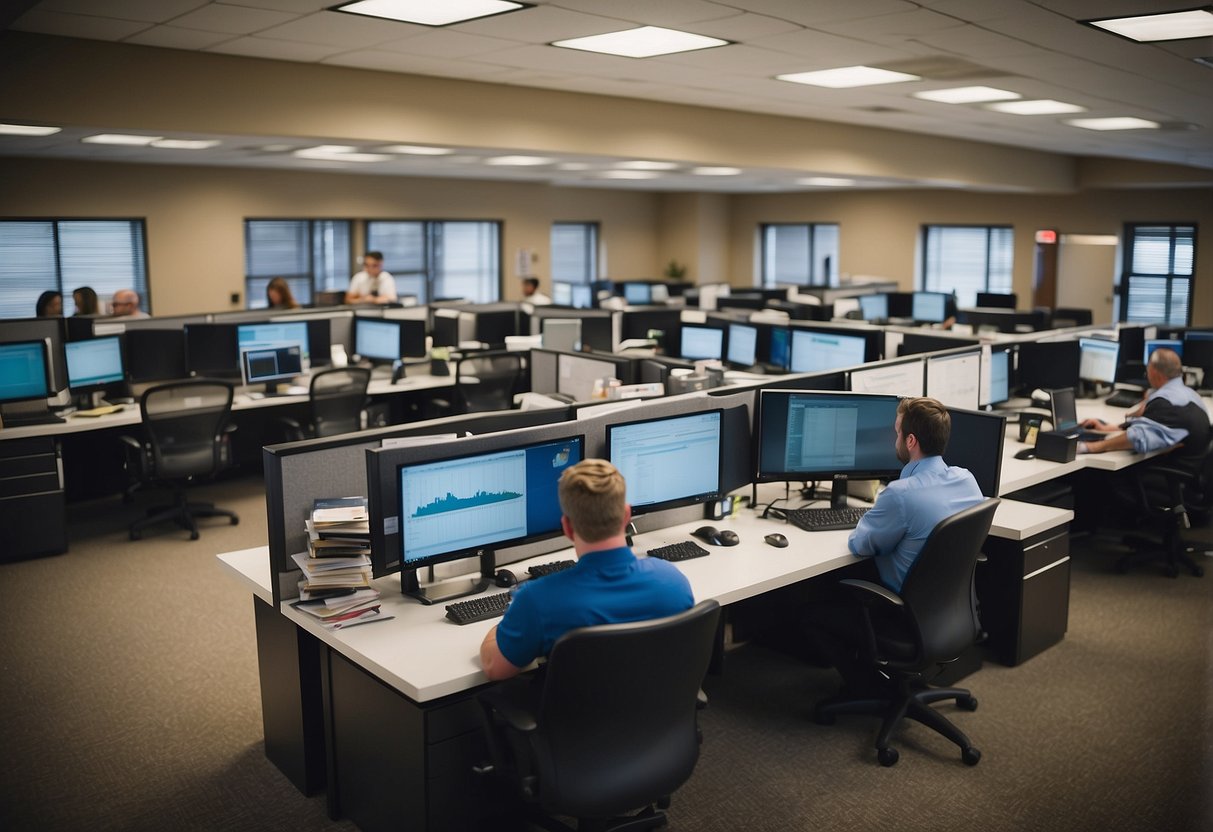 A bustling office in Troy, MI, with employees working on SEO strategies at their desks, surrounded by computers and whiteboards filled with charts and graphs