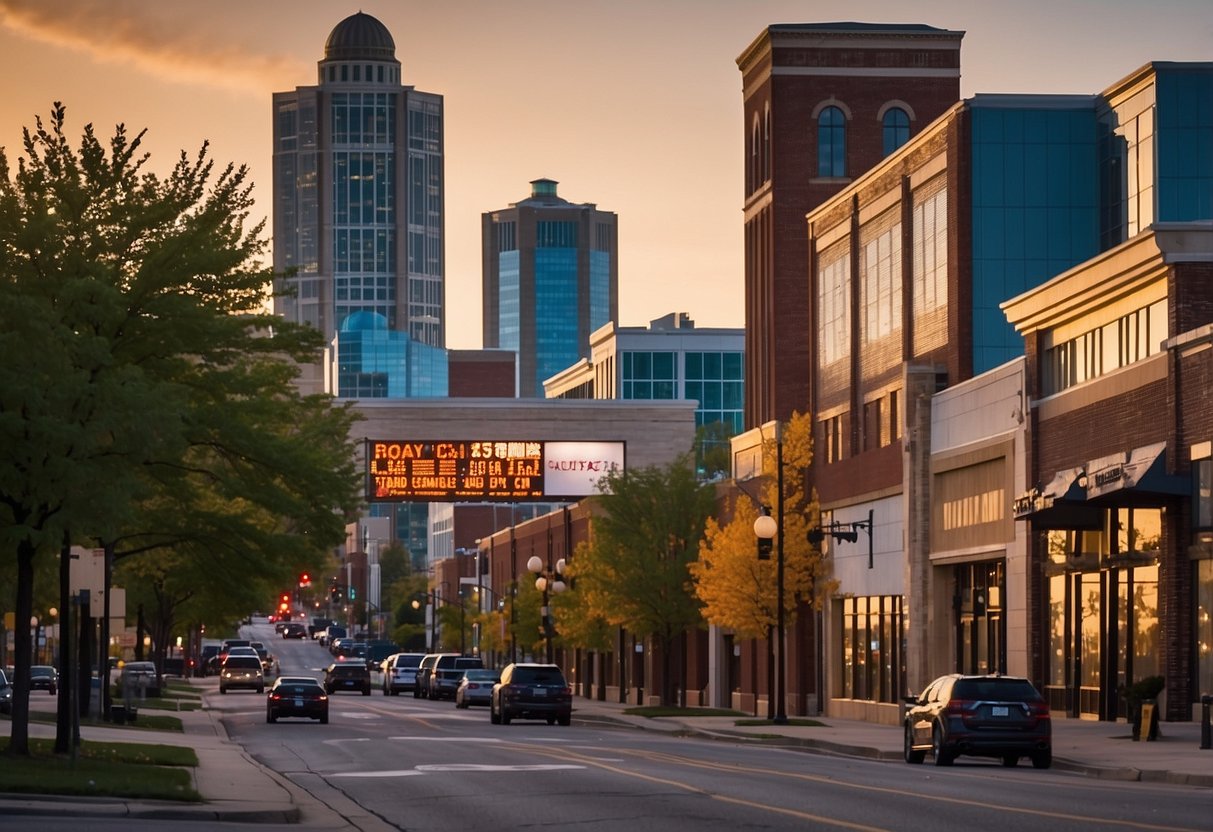 A bustling cityscape in Troy, MI with various businesses and a prominent SEO company sign. Bright colors and modern architecture convey a sense of progress and innovation