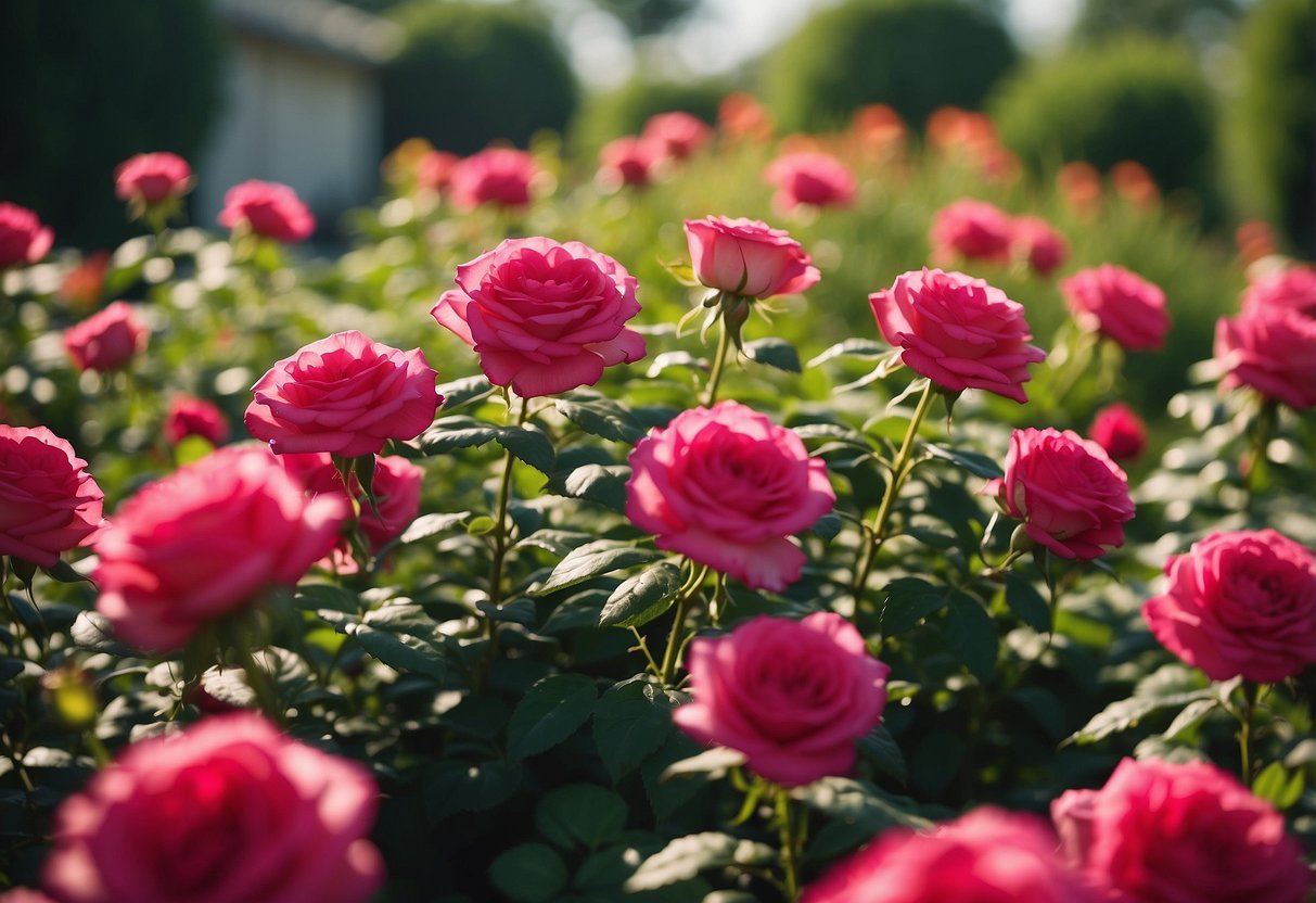 Vibrant drift roses surrounded by bags of organic fertilizer, with sunlight streaming down onto the lush green foliage, Best Fertilizer for Drift Roses