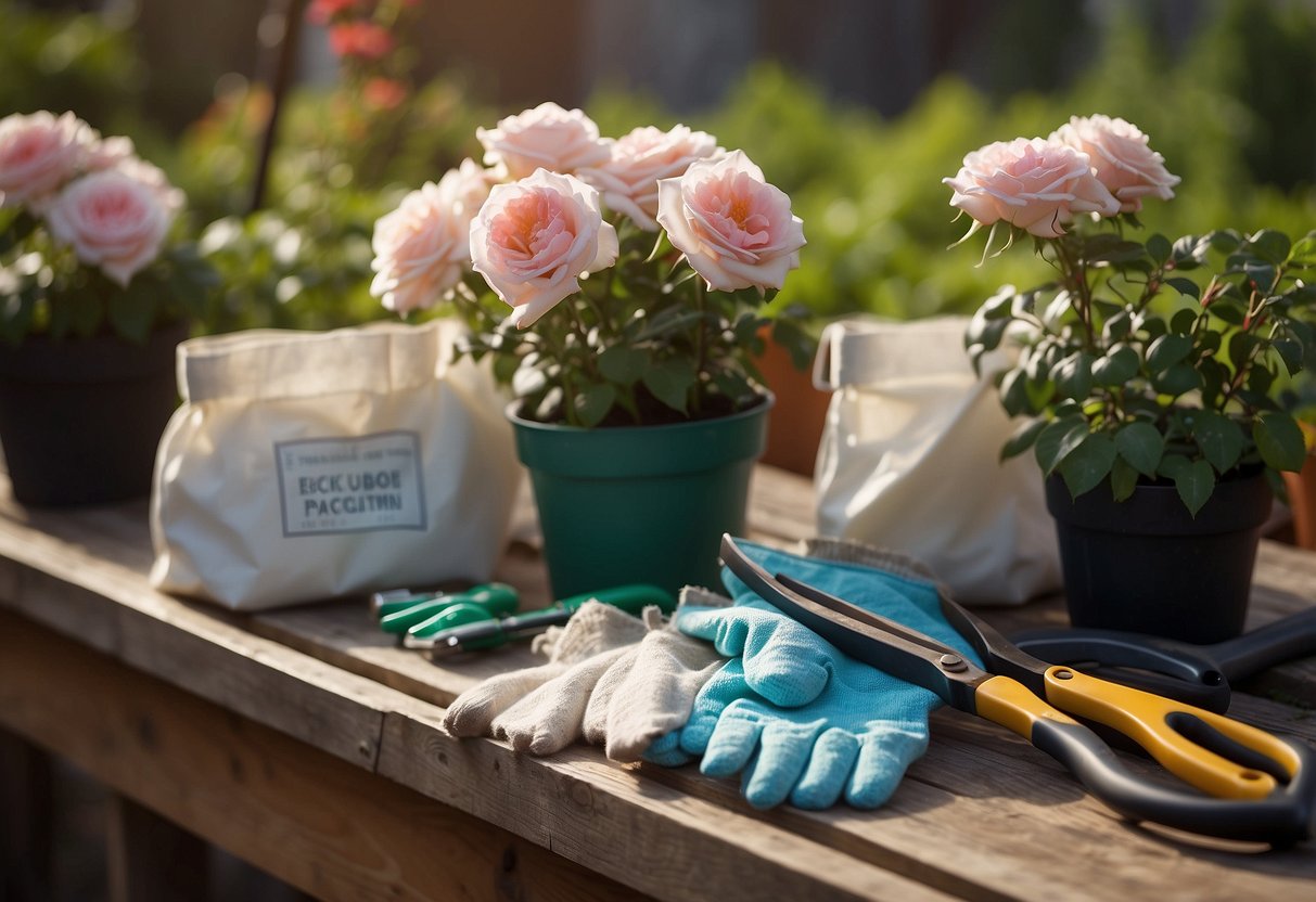 Drift roses surrounded by fertilizer bags, pruners, and gardening gloves. A calendar shows all seasons