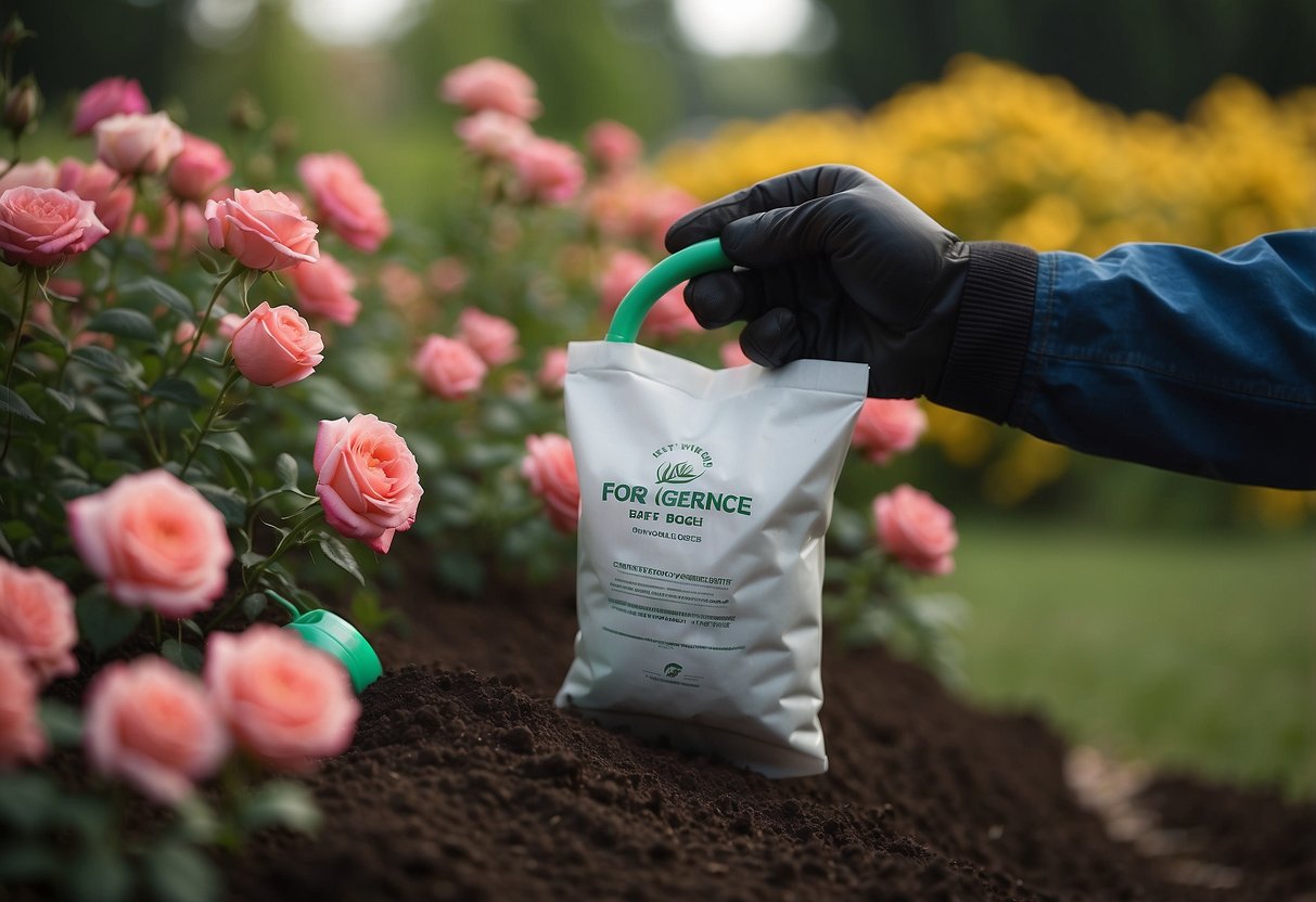 A hand reaching for a bag of fertilizer labeled "best for drift roses," with a backdrop of blooming rose bushes and a gardening tool nearby