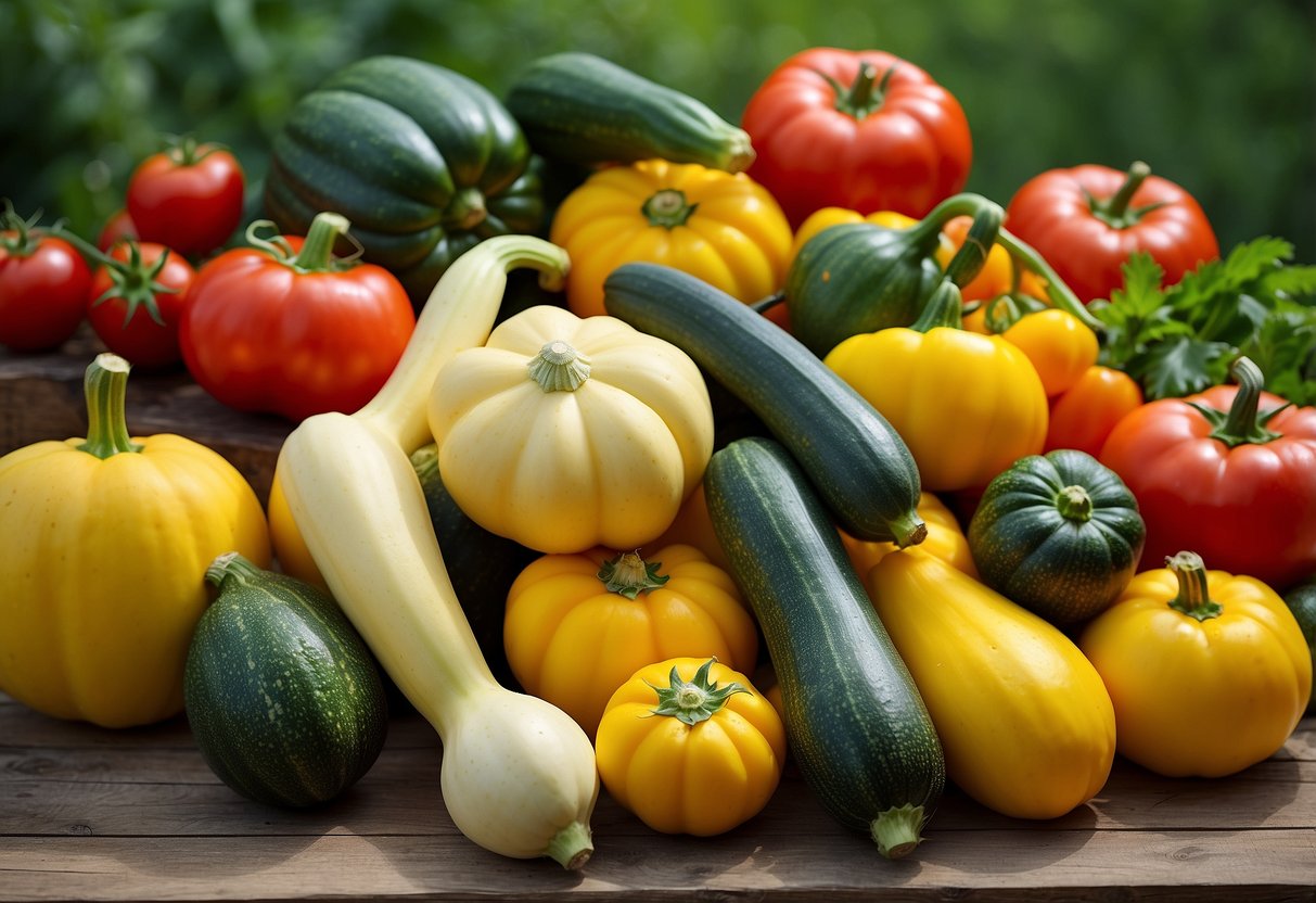 A colorful array of summer squash varieties arranged on a rustic wooden table, surrounded by fresh herbs, tomatoes, and other vibrant vegetables