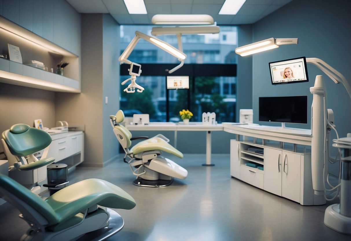 A dental office with a ceramic braces treatment setup and cost display