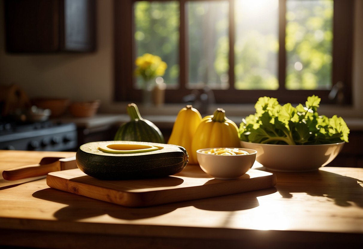 A wooden table with a cutting board, knife, and assorted summer squash and zucchini. A bowl of mixed ingredients sits nearby. Sunlight streams in through a window, casting a warm glow on the scene
