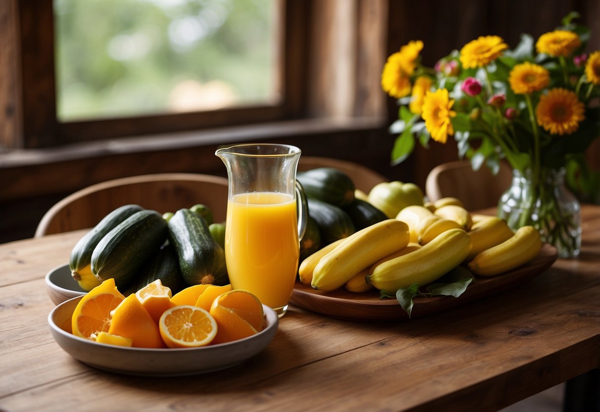 A rustic wooden table displays a platter of golden brown breakfast boats filled with summer squash and zucchini. A pitcher of freshly squeezed orange juice and a bowl of mixed berries sit nearby as perfect pairings