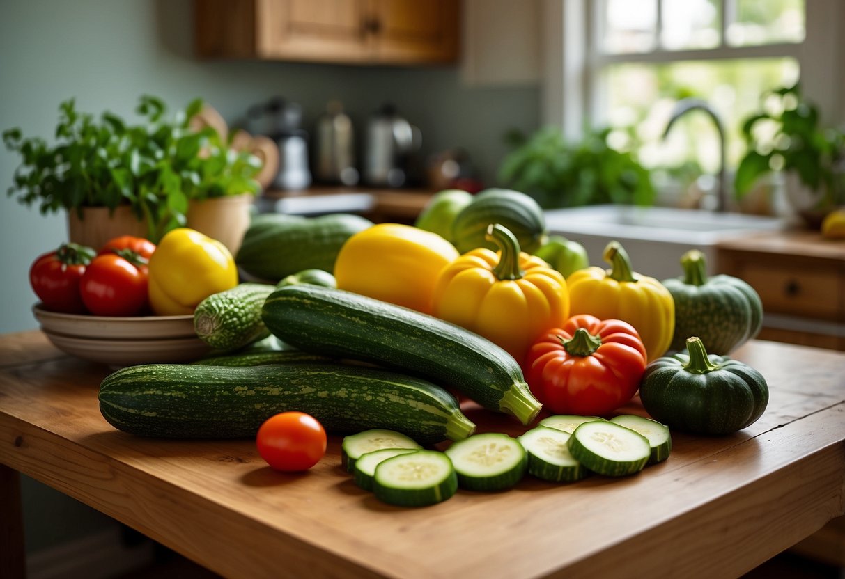 A sunny kitchen table displays vibrant summer squash and zucchini, alongside fresh herbs and colorful vegetables, ready to be transformed into breakfast boats