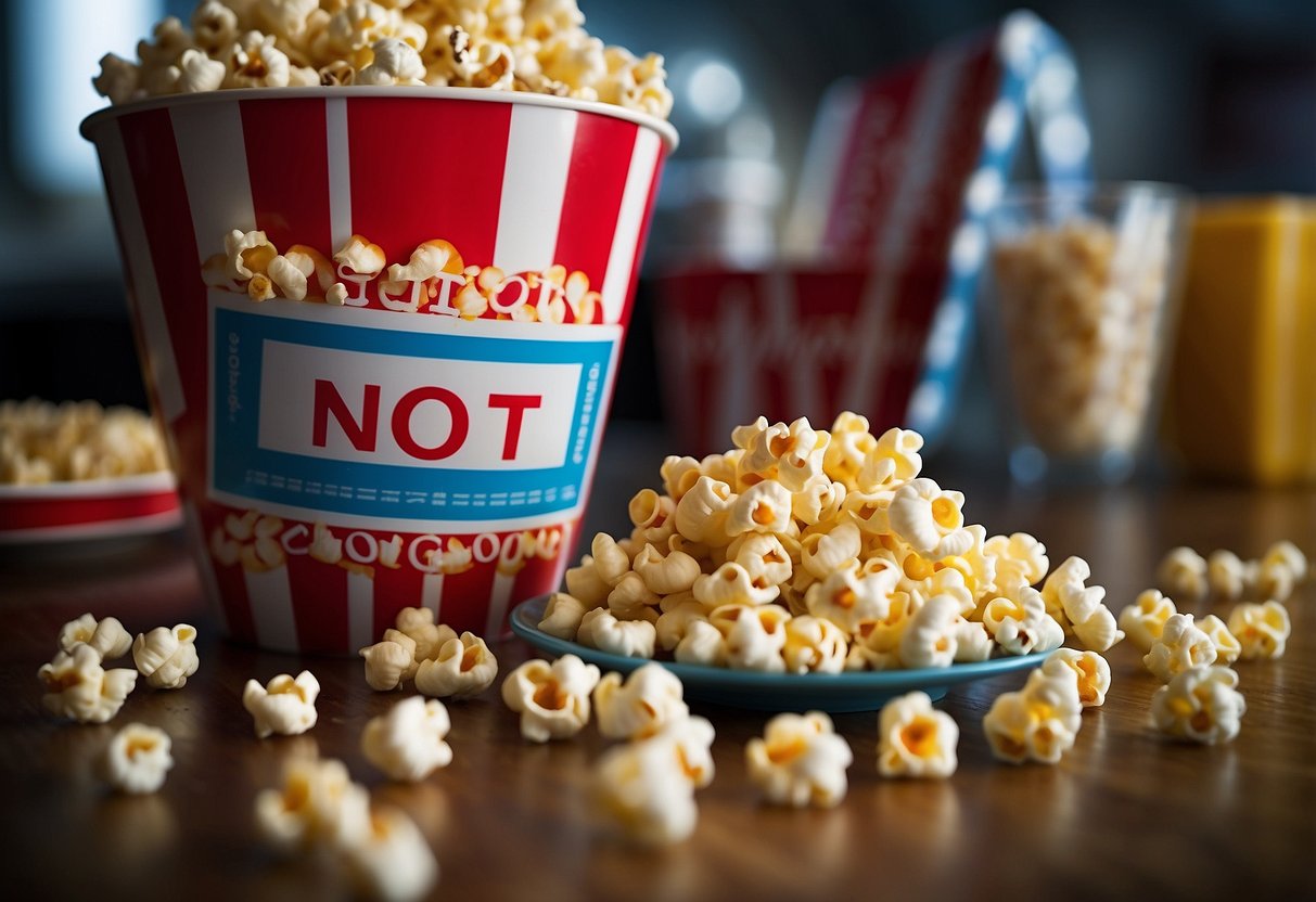 A scene of various foods such as popcorn, gum, and hard candies being crossed out or labeled "not allowed" for someone with braces