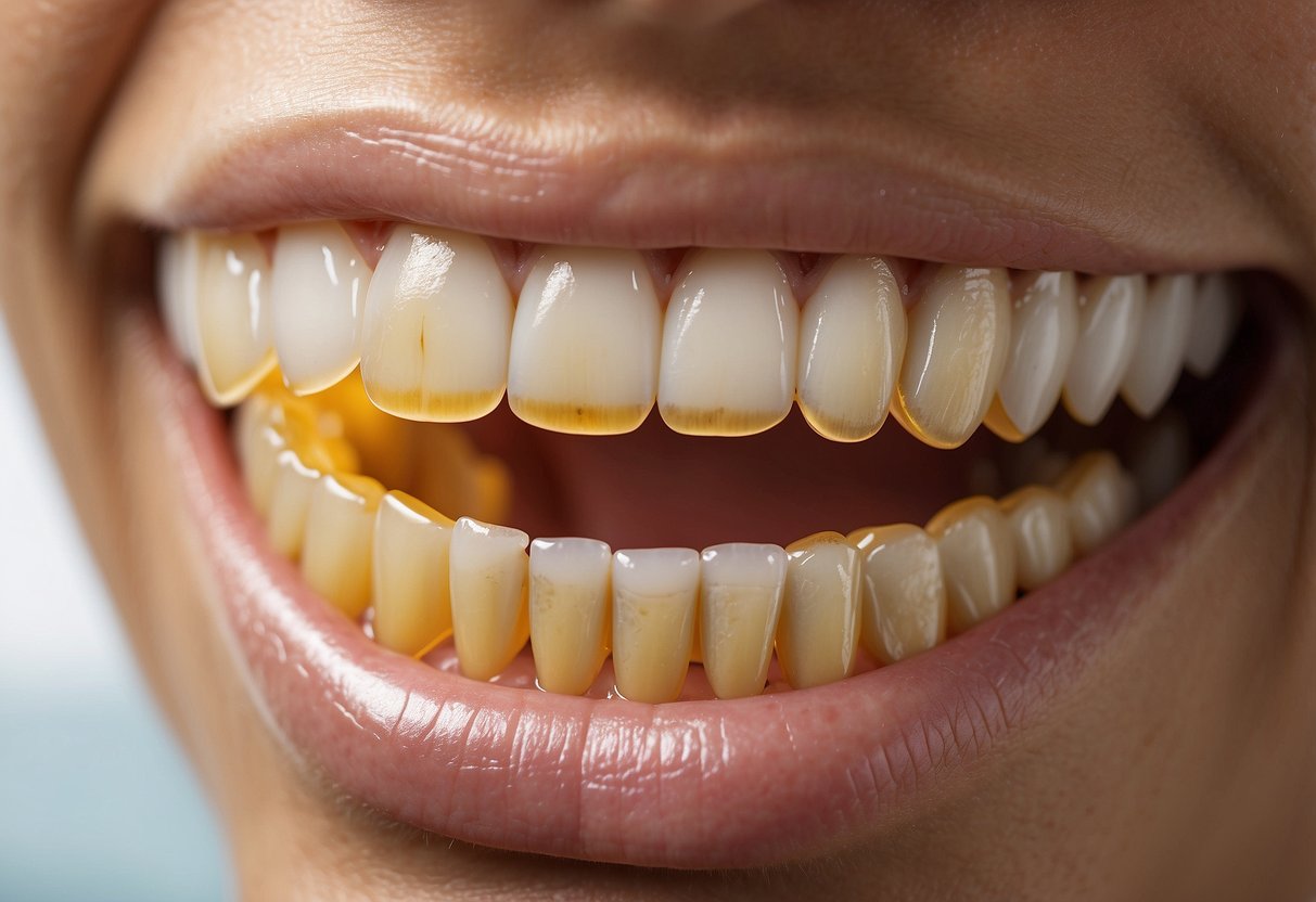 Teeth with yellow discoloration after braces. Possible causes: poor oral hygiene, plaque buildup, or enamel demineralization