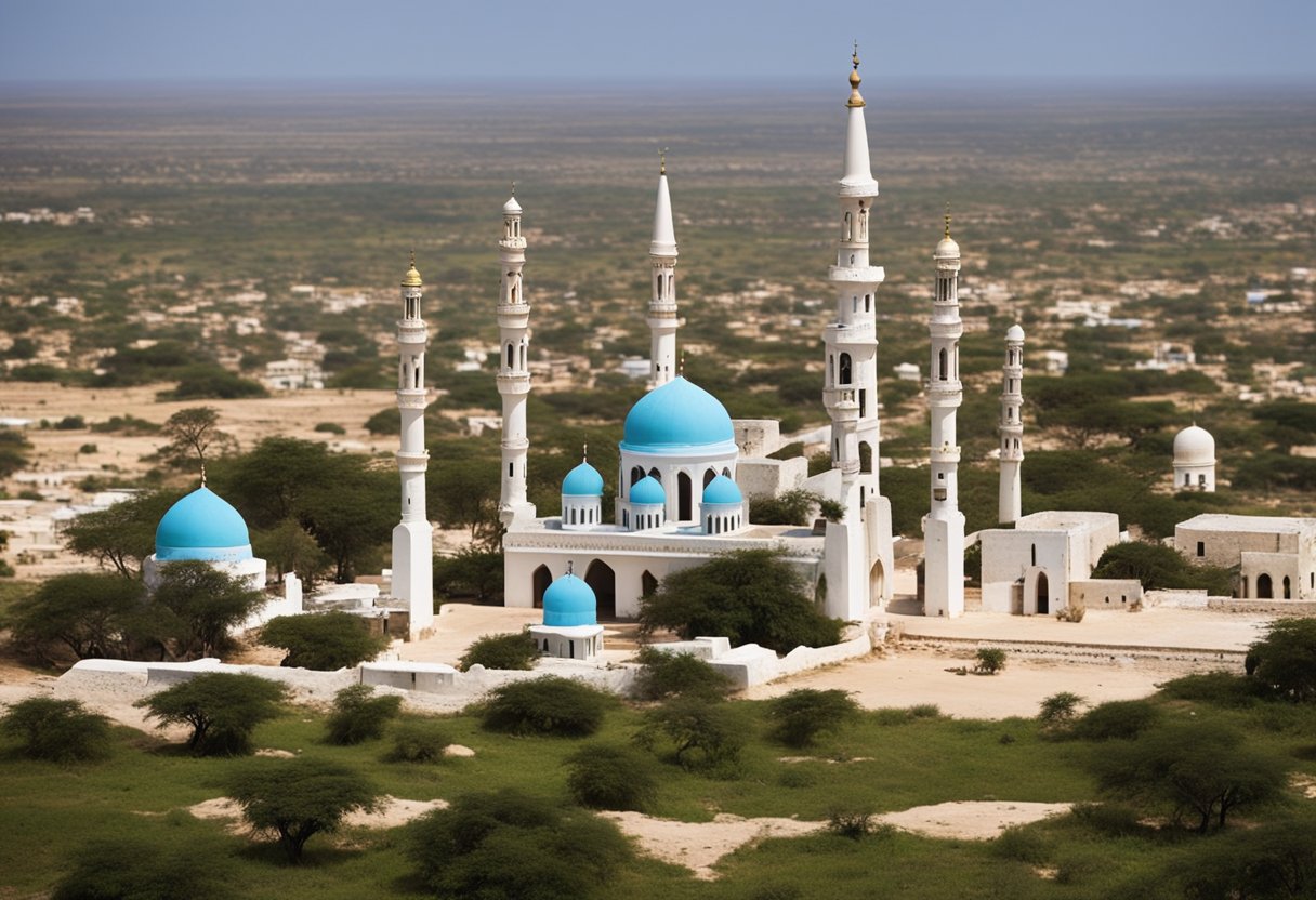 A diverse landscape with mosques, churches, and temples scattered across Somalia, representing the historical overview of religions in the region