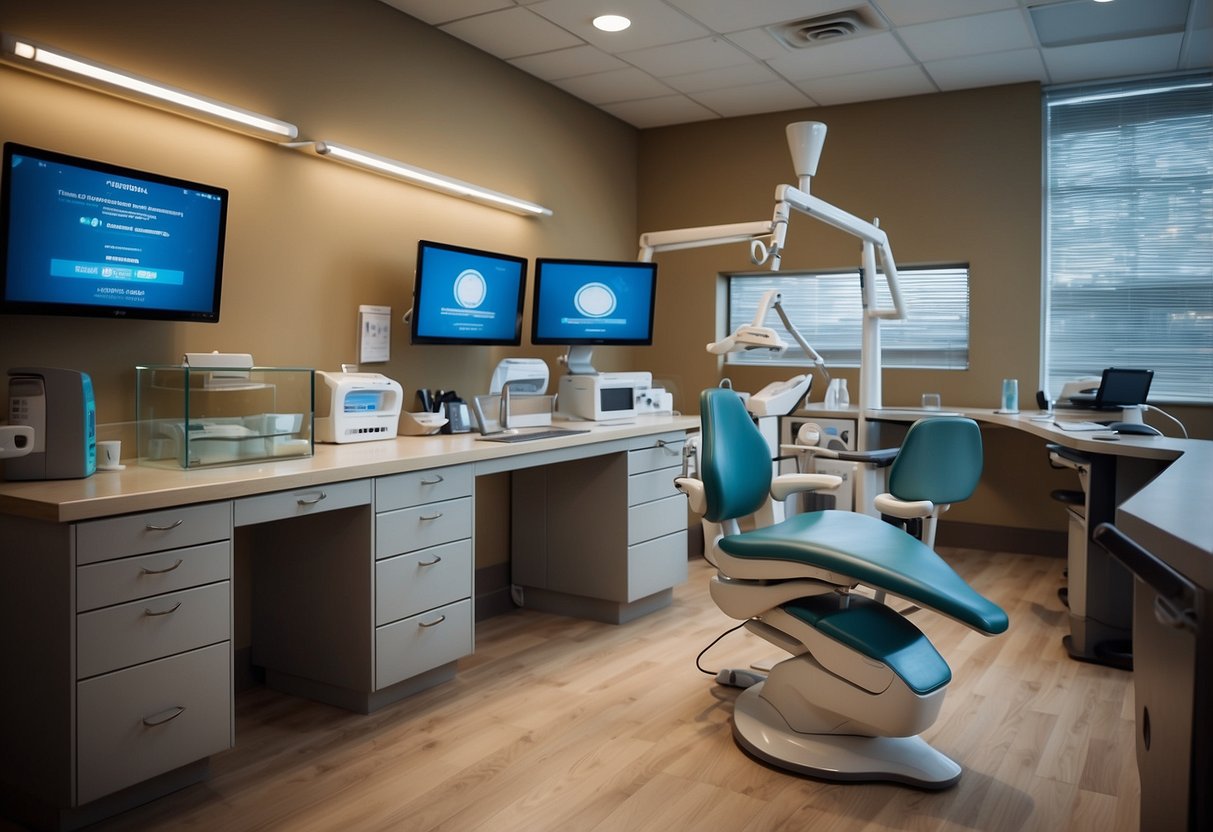 A dental office with orthodontic tools and equipment, a price list for orthodontic treatments, and a reception desk with a computer and paperwork