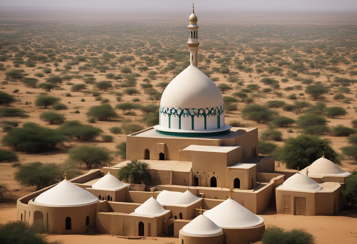 A diverse group of religious symbols and places of worship in Sudan, including mosques, churches, and temples, surrounded by a peaceful landscape