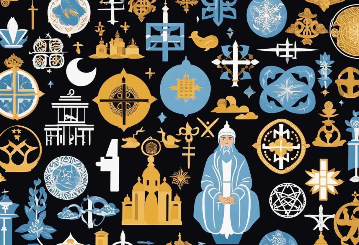 A diverse group of religious symbols displayed in a peaceful setting, representing the various religions practiced in Sweden