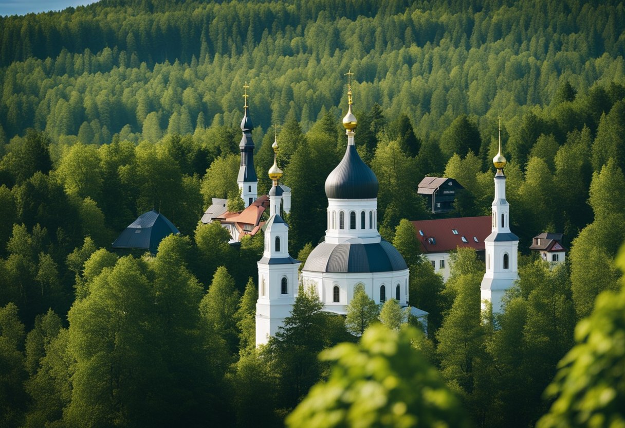 A diverse landscape with churches, mosques, and temples nestled among lush greenery, symbolizing the religious diversity in Sweden