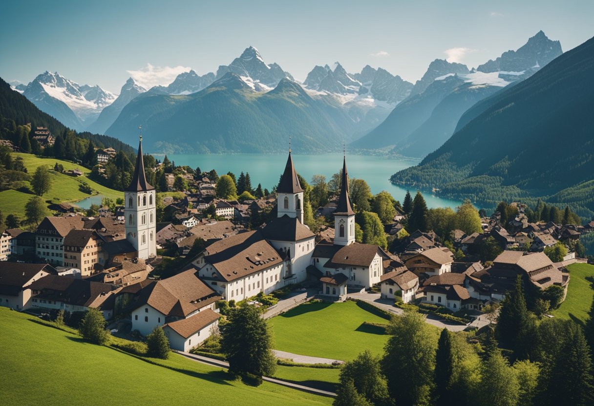 A serene Swiss landscape with diverse religious symbols adorning churches, temples, and mosques nestled among the mountains and lakes