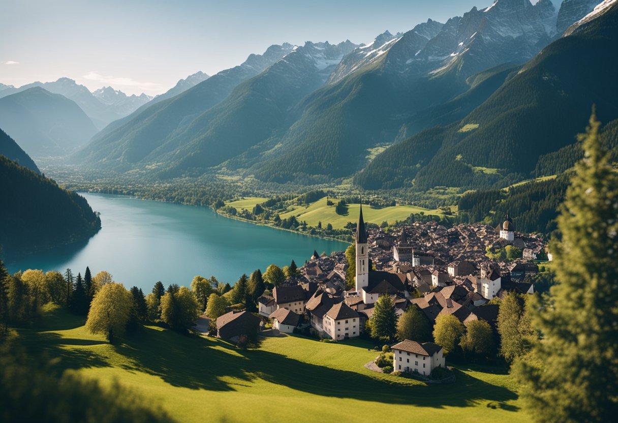 A serene Swiss landscape with a variety of religious symbols and buildings, including Christian churches, Jewish synagogues, and Islamic mosques, nestled among the picturesque mountains and lakes