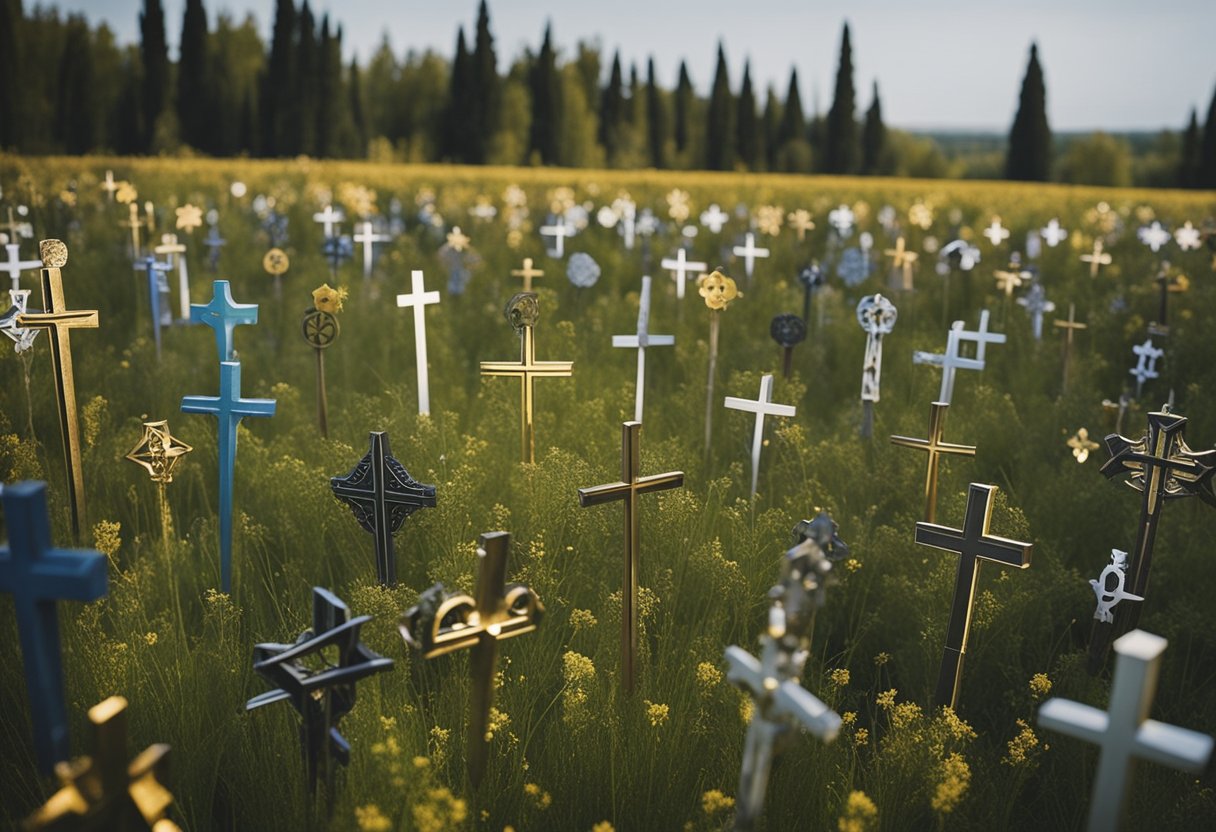 A diverse array of religious symbols adorns the landscape of Ukraine, including Orthodox Christian crosses, Islamic crescents, Jewish Stars of David, and more