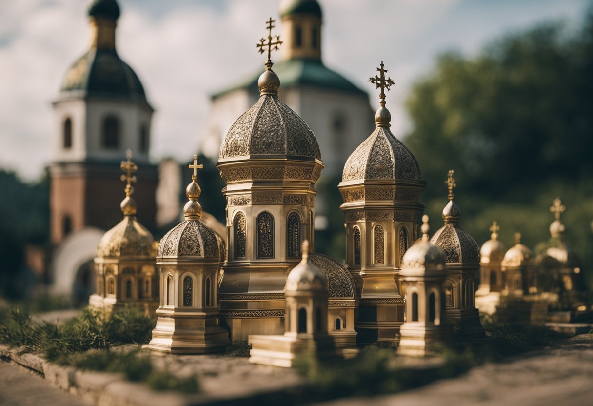 The scene depicts various religious symbols and buildings in Ukraine, showcasing the diversity of religious practices throughout history