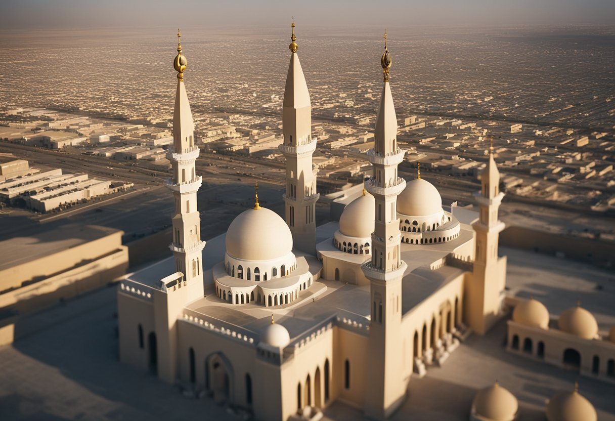 A diverse group of religious symbols and buildings in the United Arab Emirates, including mosques, churches, temples, and other places of worship