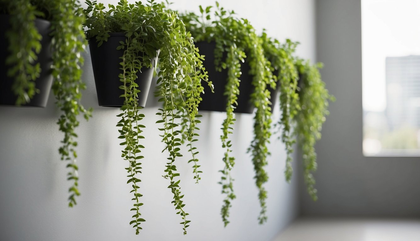 A wall plant hanger holds cascading greenery against a white backdrop