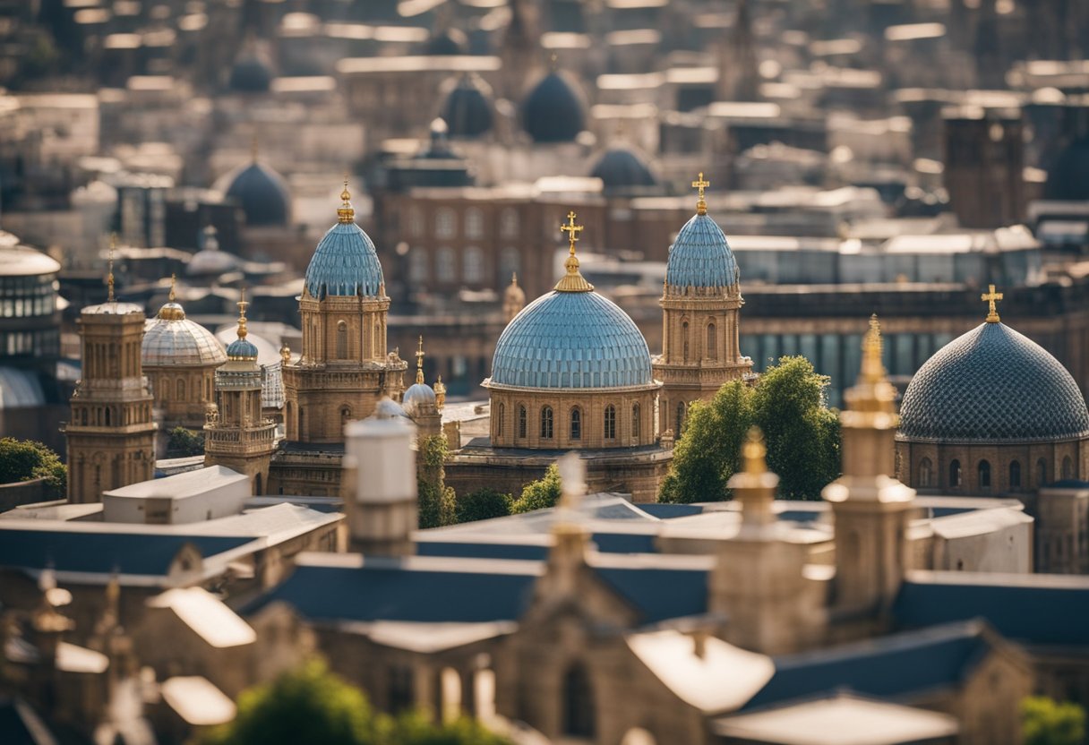 A diverse array of religious symbols and buildings representing Christianity, Islam, Hinduism, Sikhism, and other faiths in the United Kingdom