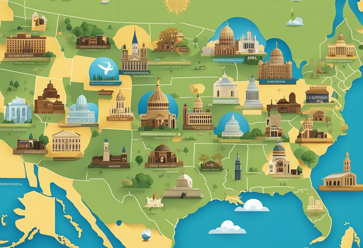 A diverse array of religious symbols and buildings spread across a map of the United States, representing the wide range of religions practiced in the country