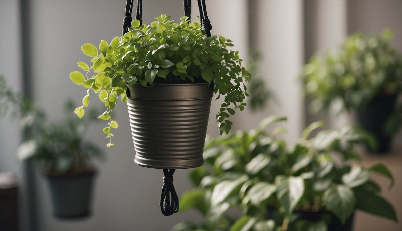 A wall plant hanger holds a lush green plant, surrounded by care tips and instructions