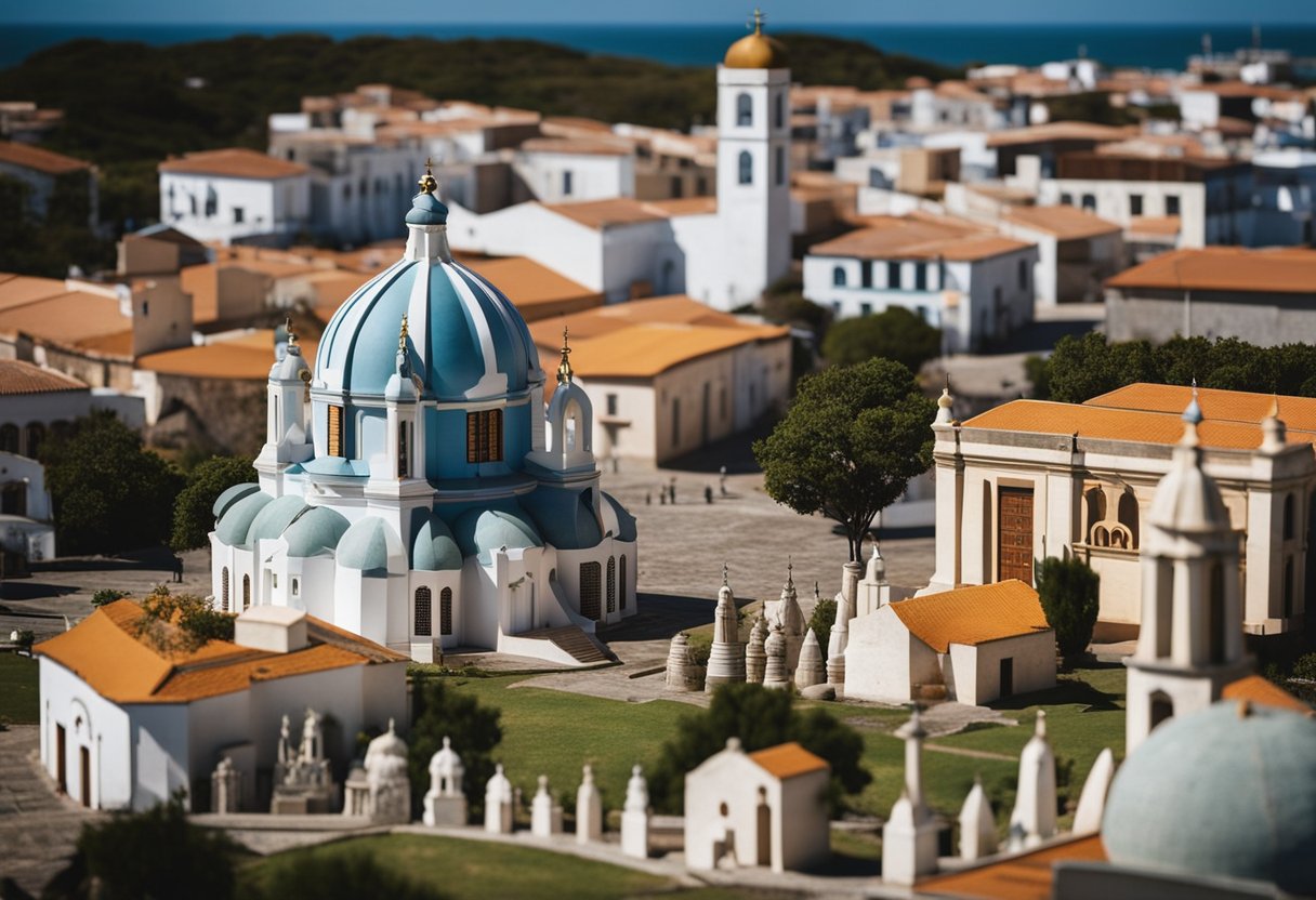 A diverse landscape with various religious symbols and buildings representing the different religions present in Uruguay