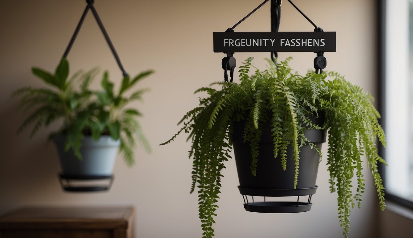 A wall-mounted plant hanger with a row of potted plants, labeled "Frequently Asked Questions" in bold letters above