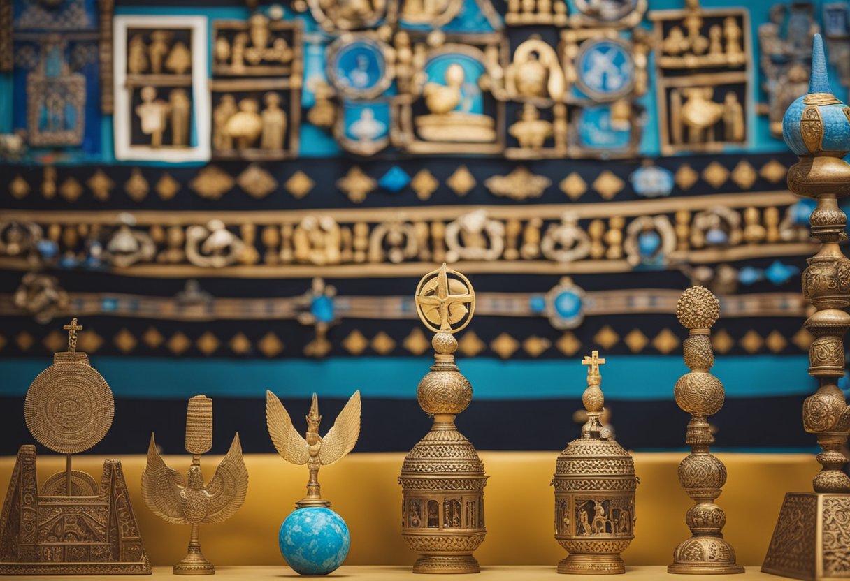 A diverse group of religious symbols and artifacts are displayed on a vibrant backdrop, representing the various faiths practiced in Vanuatu