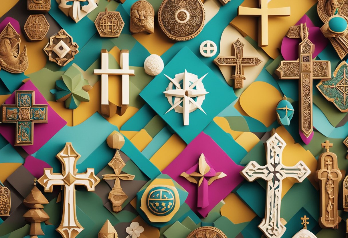 A vibrant landscape with diverse religious symbols scattered across the island, including traditional totems, Christian crosses, and Islamic crescents