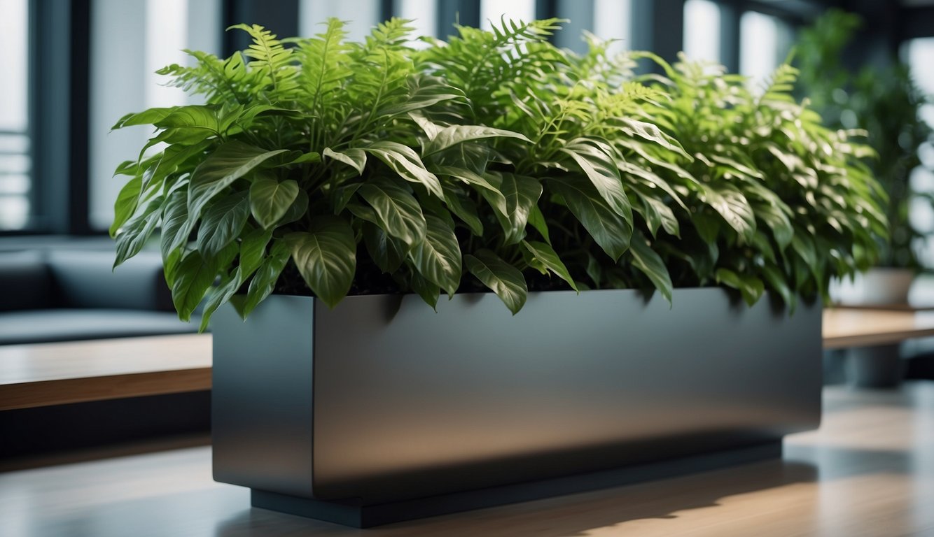 Lush green plants cascade from a sleek wall planter, adding a touch of nature to the modern indoor space