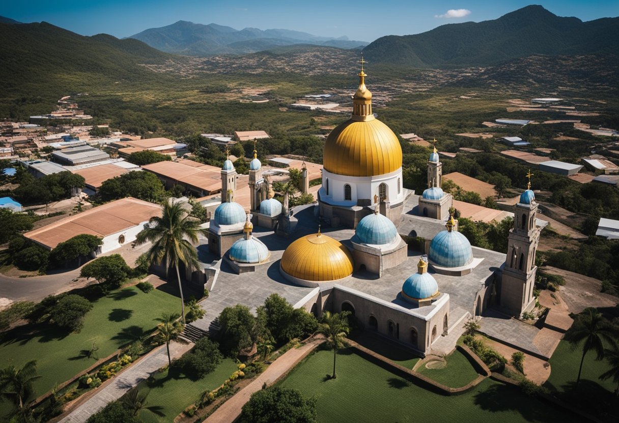 A diverse landscape of religious symbols, including Catholic churches, indigenous altars, and Islamic mosques, set against the backdrop of Venezuela's natural beauty